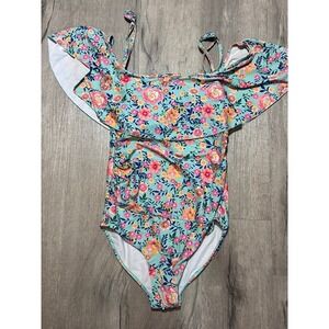 Summer Mae Floral One Piece Swimsuit Womens Small Ruffle Off Shoulder Blue